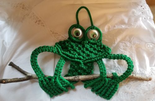 Vintage Macrame Frog Green Yarn Craft Retro Wall Hanging Home Decor Boho Fr Ship