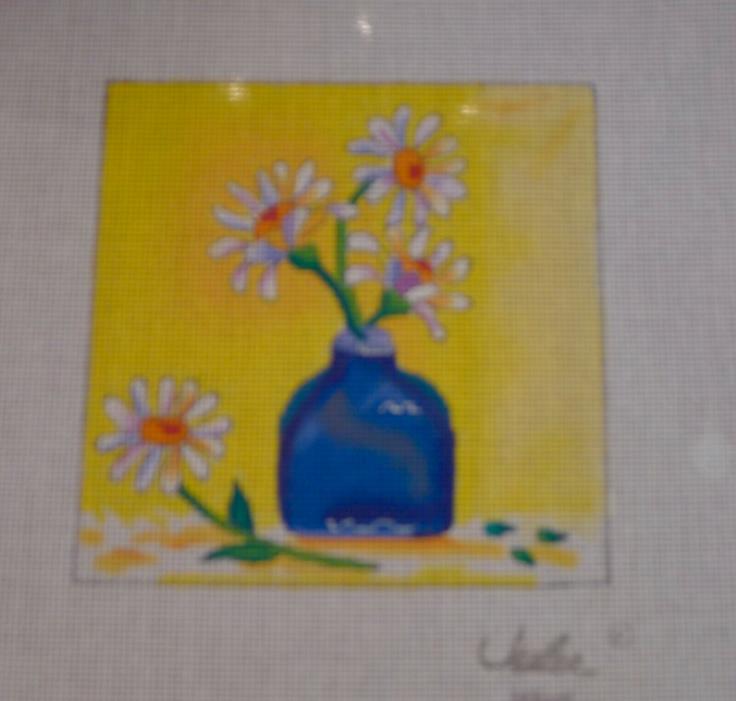 #171 Hand painted Julie Mar needle point daisy in blue vase