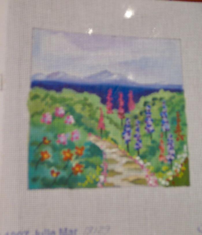 #174 Hand painted Julie Mar needle point snow mountain, instruction