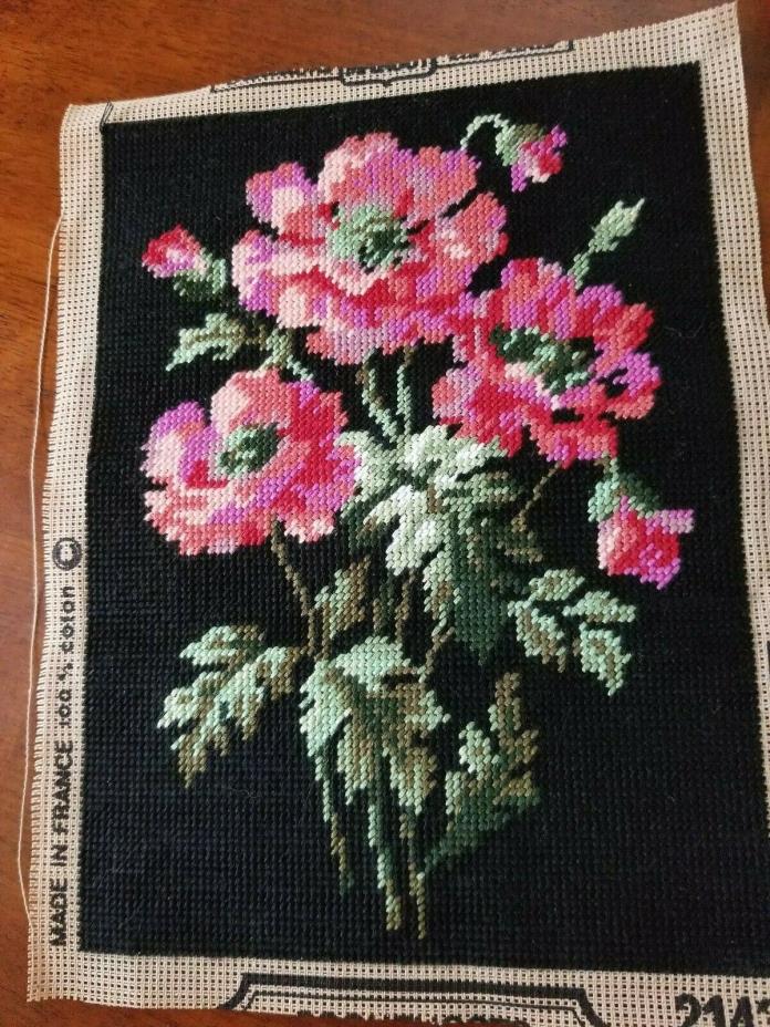 Preworked Floral  Needlepoint  pink flowers black background classic