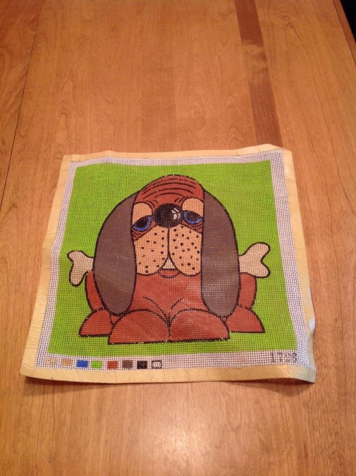 Hand painted Needlepoint Canvas Silly Basset Hound With Bone