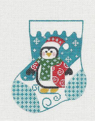 SP.ORDER ~ Penguin on Teal Mini Stocking Ornament HP Needlepoint Canvas by Danji