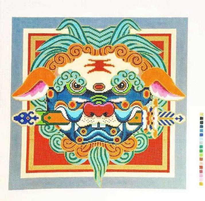 Needlepoint Handpainted LEE Chinese Lion Head 16x16