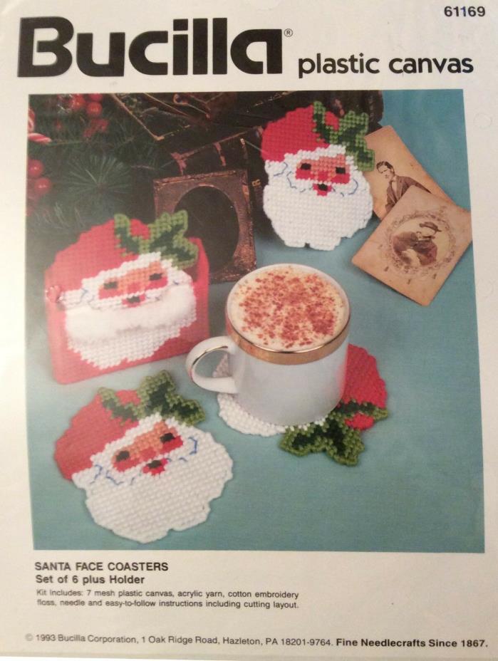 Bucilla Plastic Canvas Kit #61169 Santa Face Coasters Set Of 6 Plus Santa Holder