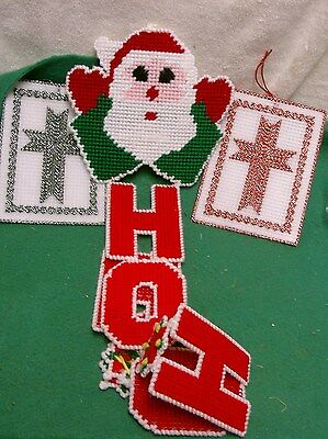 Finished Completed Plastic Canvas HO-HO-Ho-SANTA  Christmas Hanging + 2 Crosses