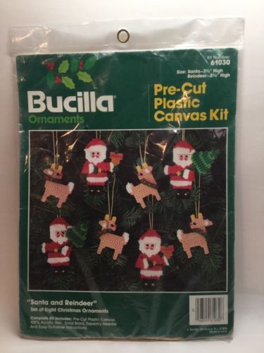 Bucilla Christmas Ornament Kit Santa Reindeer Plastic Canvas Kit 61030 vtg. S6