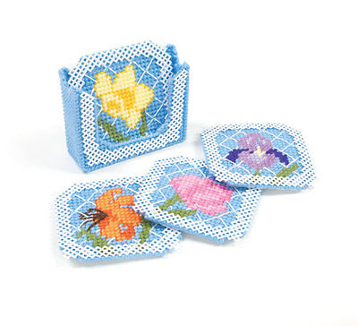 Mary Maxim Floral Trellis Coasters Set with Holder Kit