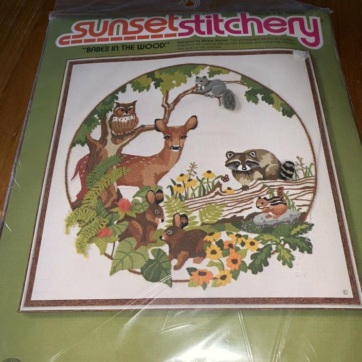 Vintage Sunset Stitchery Embroidery Kit BABES IN THE WOOD Deer Owl Animal Nature