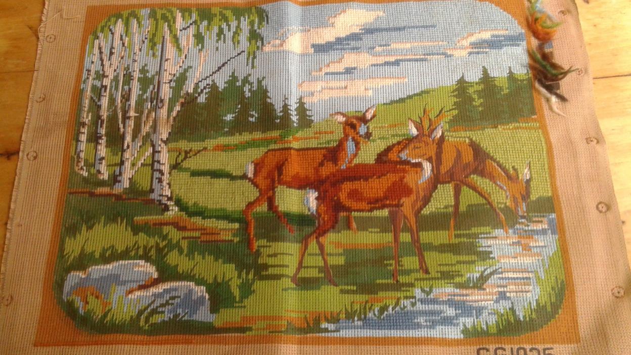 VINTAGE Three Deer at Stream Needlepoint canvas GG1025 incomplete