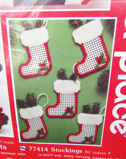 Plastic needlepoint kit Mary Maxim Christmas ornaments mini stockings sealed