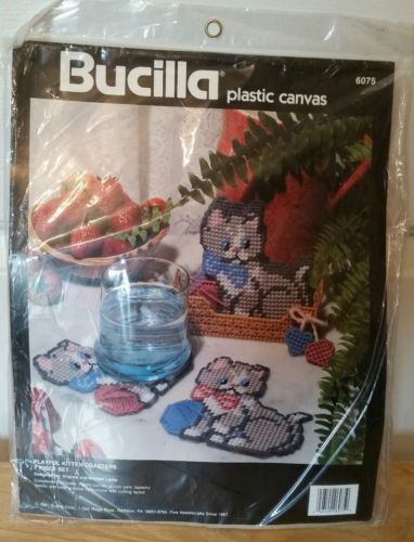 BUCILLA Needlepoint Plastic Canvas Playful Kitten Coasters kit 6075