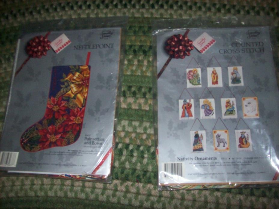 SOMETHING SPECIAL Christmas Needlepoint kit Poinsettias and Bows + ORNAMENTS!