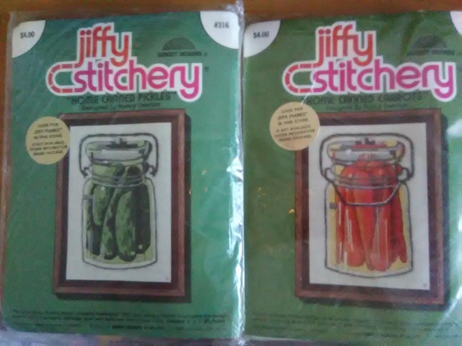 Lot of 2 Jiffy Stichery Crewel Kits Home Canned Pickles and Carrots  NEW