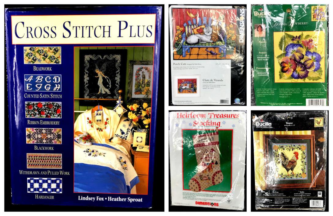 Lot of 5 Needlepoint Cross Stitch Opened Kits and Book Some Kits Are Incomplete