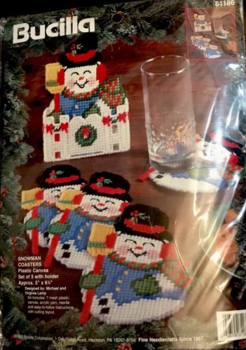 Colorful SNOWMAN COASTERS & HOLDER Christmas Plastic Canvas Needlepoint Kit