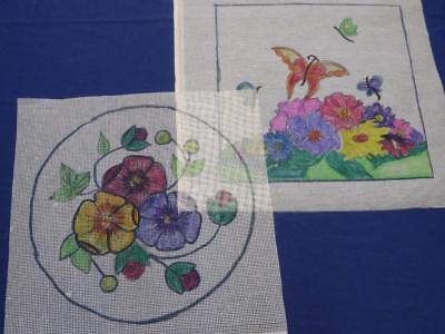 NEEDLEPOINT CANVAS -2 Hand-painted Pansies / Flower Garden & Butterflies
