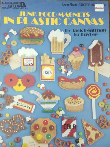 Vintage PLASTIC CANVAS Pattern Booklet JUNK FOOD MAGNETS Hamburger Hot Dog