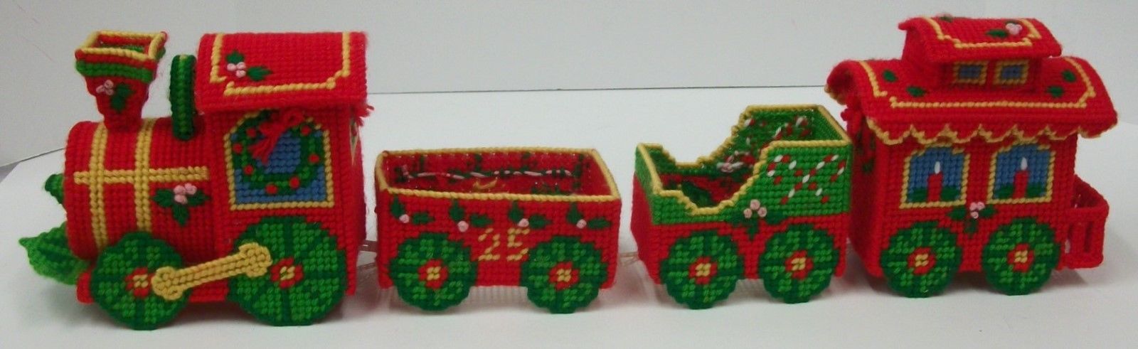 Vintage Plastic Canvas Yarn Art 4-Pc Christmas Train Decoration
