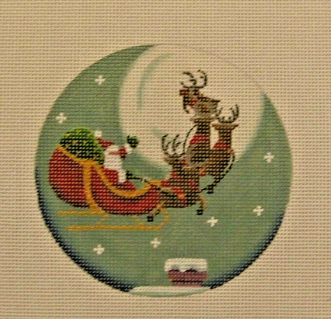 Handpainted Needlepoint Canvas Santa Sleigh Moon Ornament Rebecca Wood 500-J