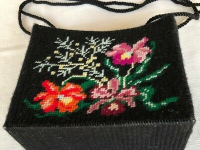 Small Tote/Handbag, Hand Embroidered Needlepoint, Flowers on Black Background