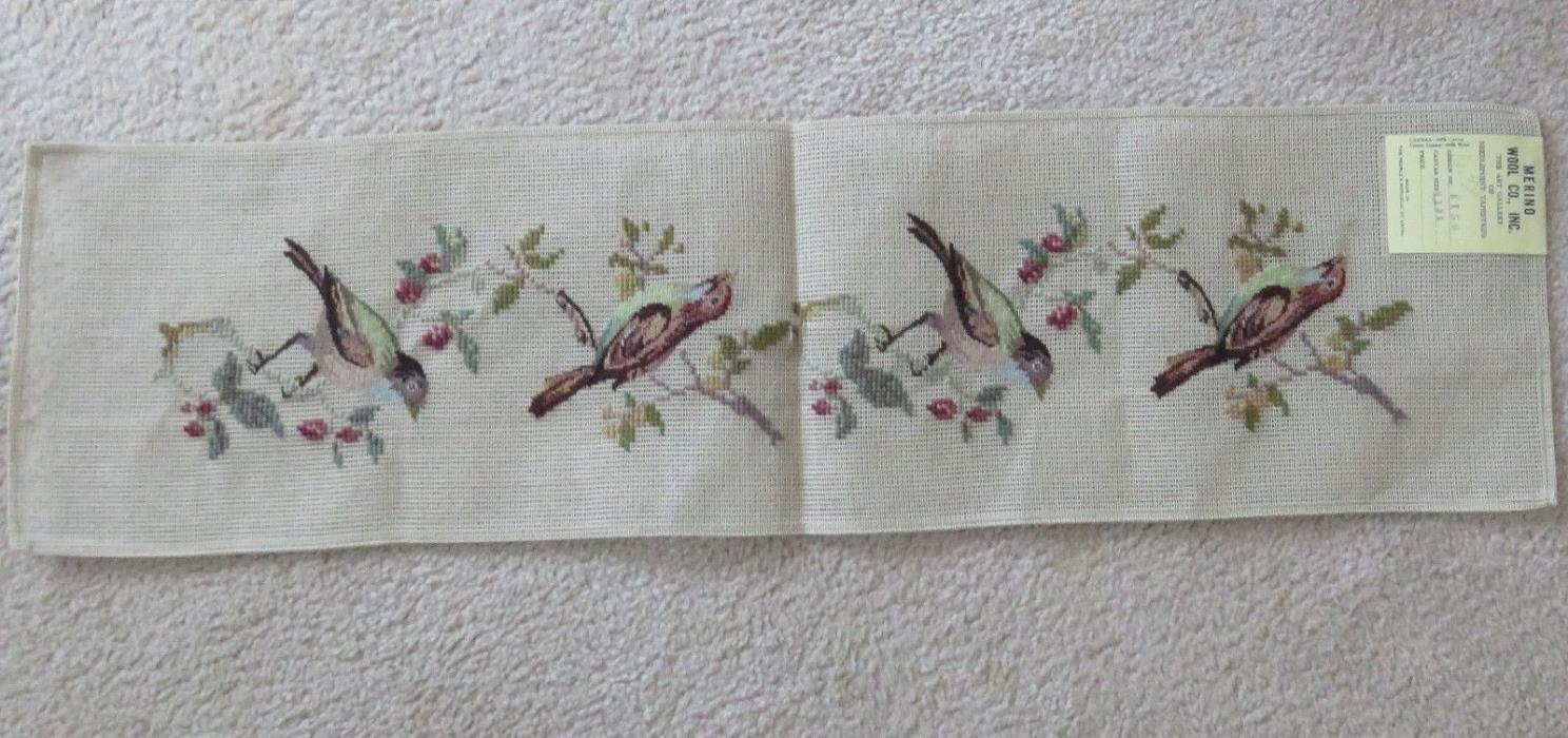 Vintage Needlepoint Petit Point Birds Preworked Cotton Canvas Bell Pull Merino