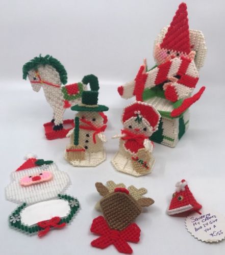 Lot Of 7 Christmas Plastic Canvas Finished Ornaments Needlepoint Handmade NEW