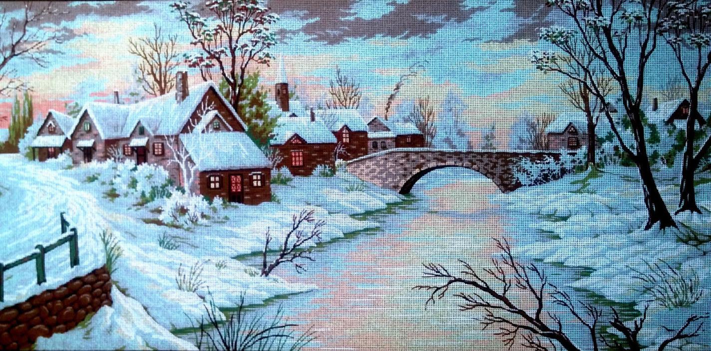 Needlepoint tapestry painted canvas - Winter Village. (24