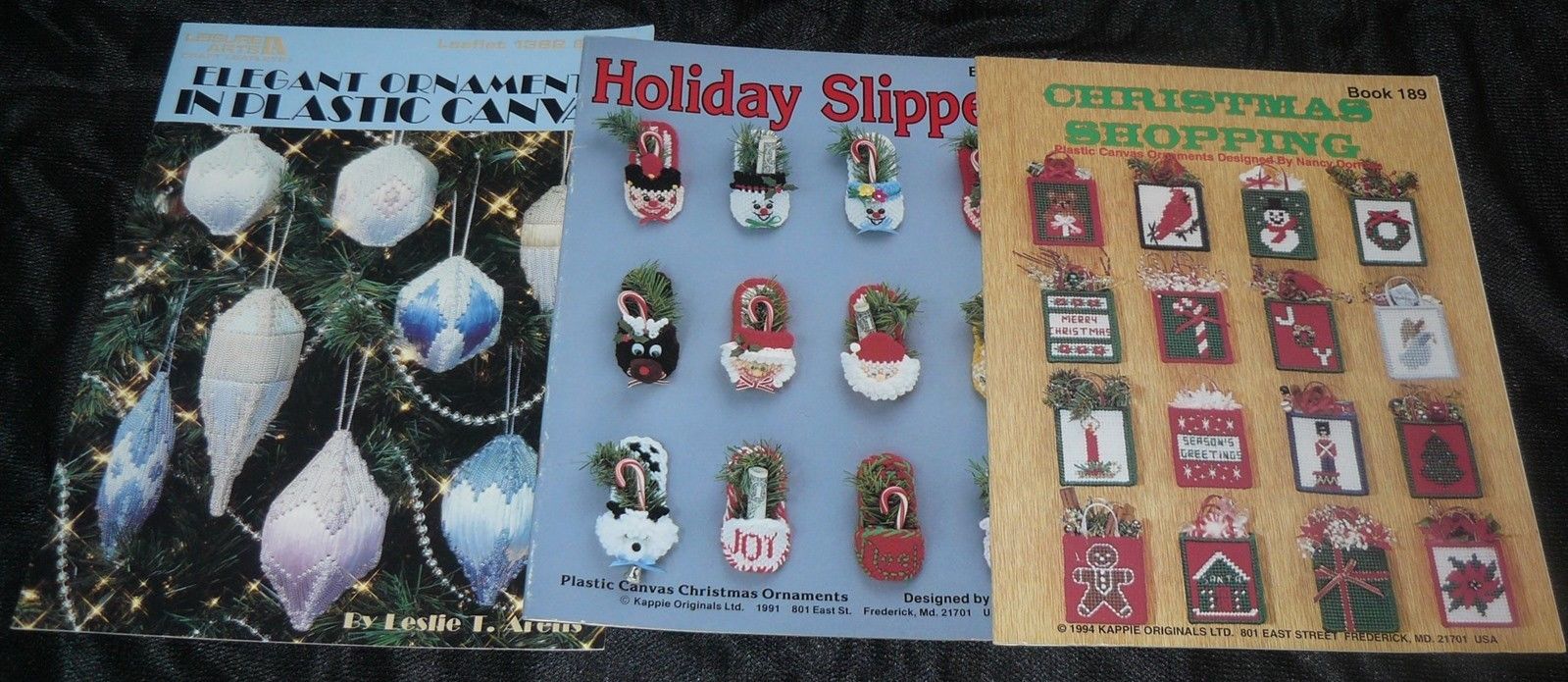 Lot of 3 Plastic Canvas Pattern Books Leaflets Holiday Slippers Ornaments ....