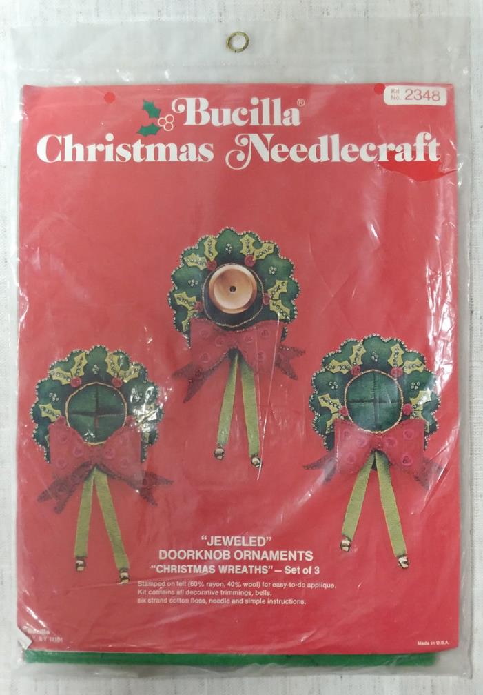 BUCILLA Christmas Wreaths Set of 3 Jeweled Doorknob Ornaments Needlecraft 2348