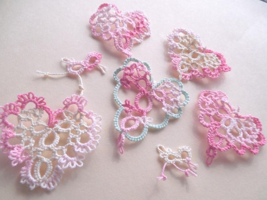 Tatted Hearts (5) Lacey Variegated Pink & Mint  Valentines Tatting