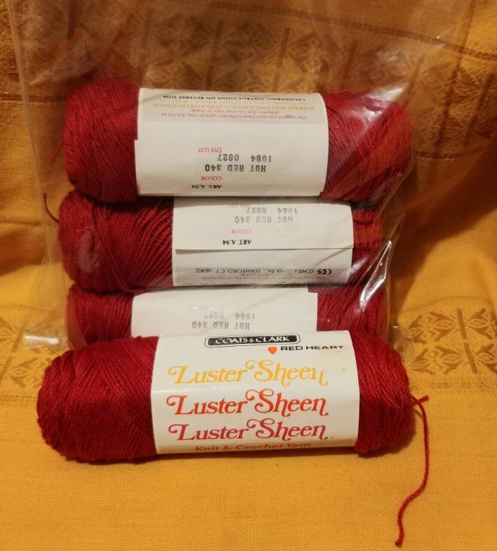 Lot of 4 Vintage Red Heart  LUSTER SHEEN Yarn  340 HOT RED 2 OZ SAME DYE LOT
