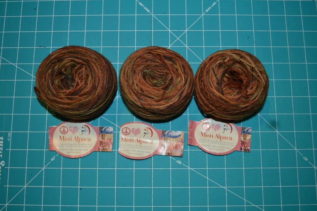 Lot of 3 skeins yarn, 100g each, Misty Alpaca sock yarn, brown