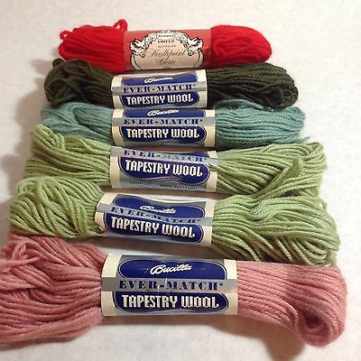 5 Bucilla 1 Dritz Tapestry Wool 40 yard skeins Light Green blue Needlepoint VTG