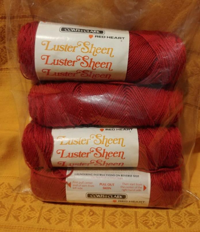 Lot of 4 Vintage Red Heart  LUSTER SHEEN Yarn  340 WINTER RED 2 OZ SAME DYE LOT