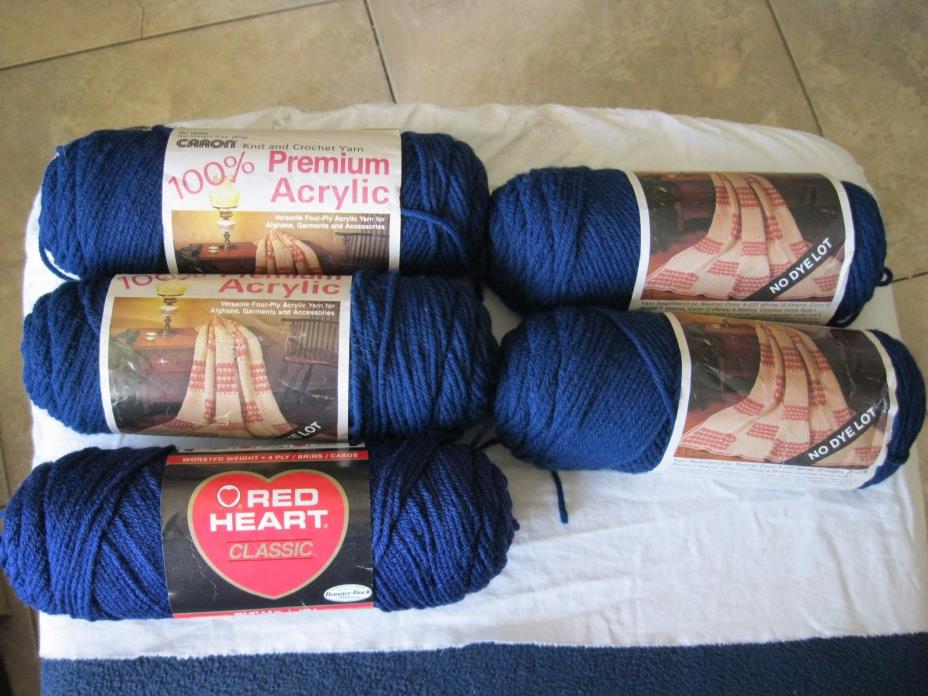 FIVE Skeins... Caron Premium Acrylic Classic Navy & RED Heart Classic Soft Blue