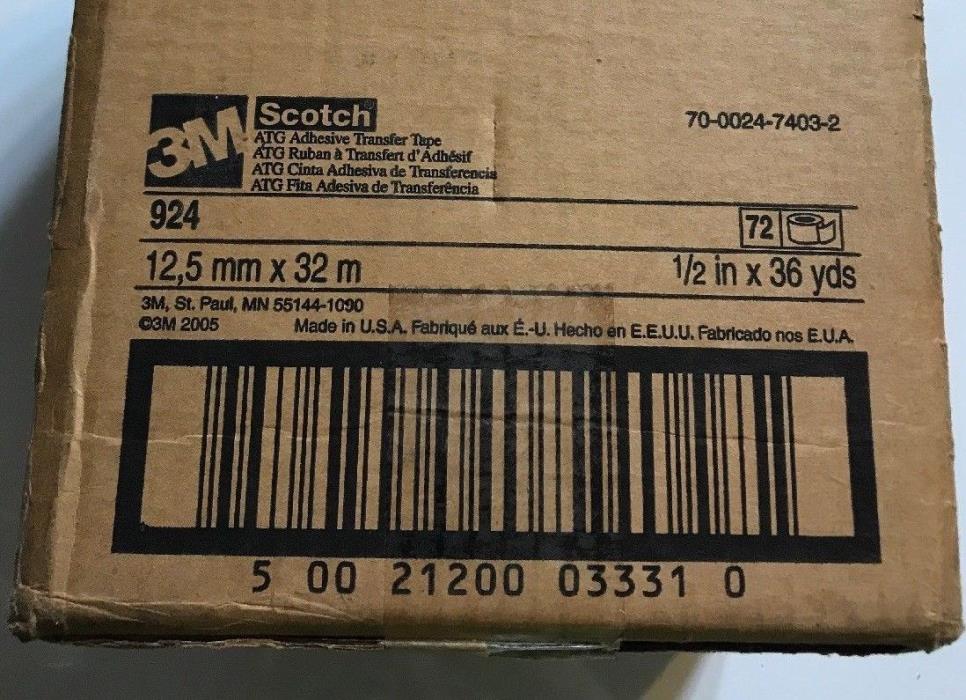 3M Scotch ATG Adhesive Transfer Tape 924 Clear, 0.50 in x 36 yd Box of 72 Rolls!