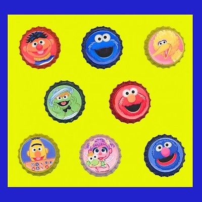 Set of 8 SESAME STREET CHARACTERS Bright Colored Sealed Decorated Bottle Caps