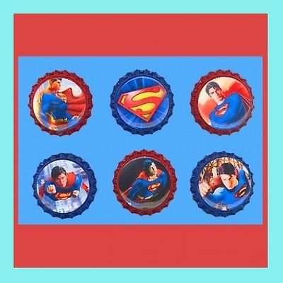 Set of 6 SUPERMAN DESIGN COMIC SUPER HEROES Sealed Decorated Colored Bottle Caps