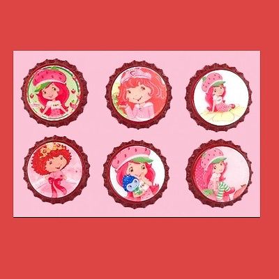 Set of 6 STRAWBERRY SHORTCAKE DOLL Sealed Decorated RED Colored Bottle Caps