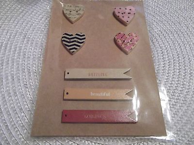 Scrapbooking Wood Embellishments 7 pcs.  4 Heart Buttons, 3 Banners NIP Crafts