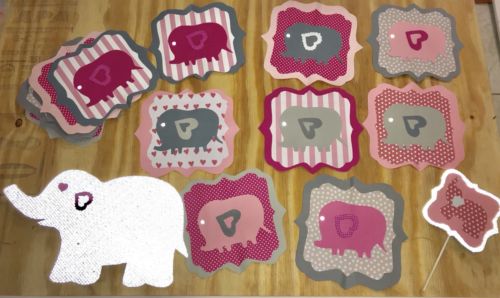ELEPHANT- BABY SHOWER OR BIRTHDAY CUT-OUTS/DECORATIONS PINK AND GRAY-15 PIECE