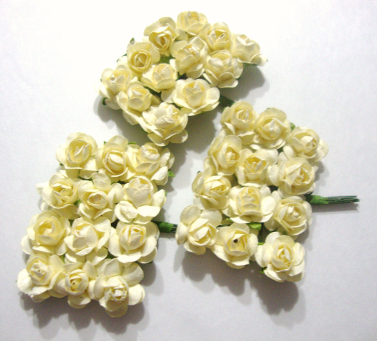 Yellow Ivory Mulberry Paper Roses Flowers Scrapbook Embellishments - 3 Bunches