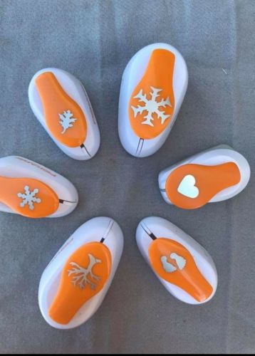 Lot of 6 Fiskars Small Lever Punches Snowflake, Tree, heart, foot print, leaf