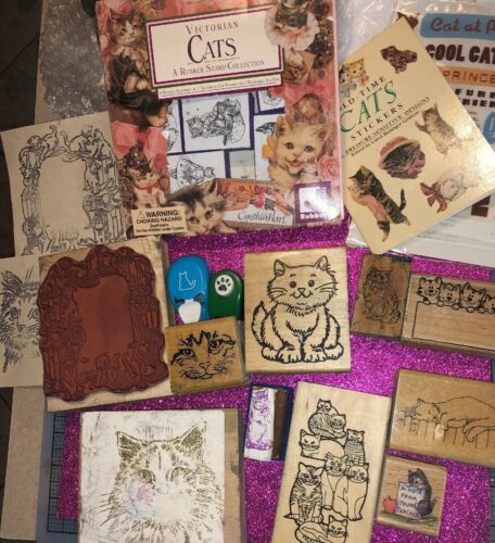 HUGE CAT FELINE LOVER PUNCH RUBBER STAMP CRAFT LOT STICKERS ART DECO VICTORIAN