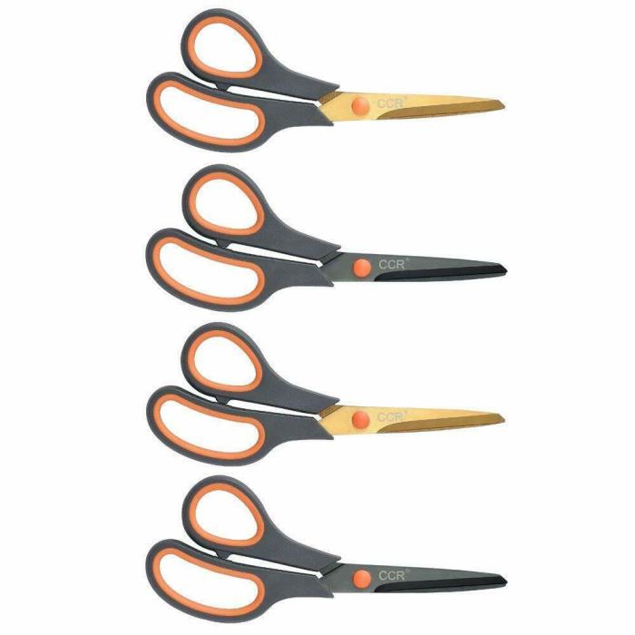 CCR Scissors 8 Inch Soft Comfort-Grip Handles Sharp Titanium Blades, 4-Pack