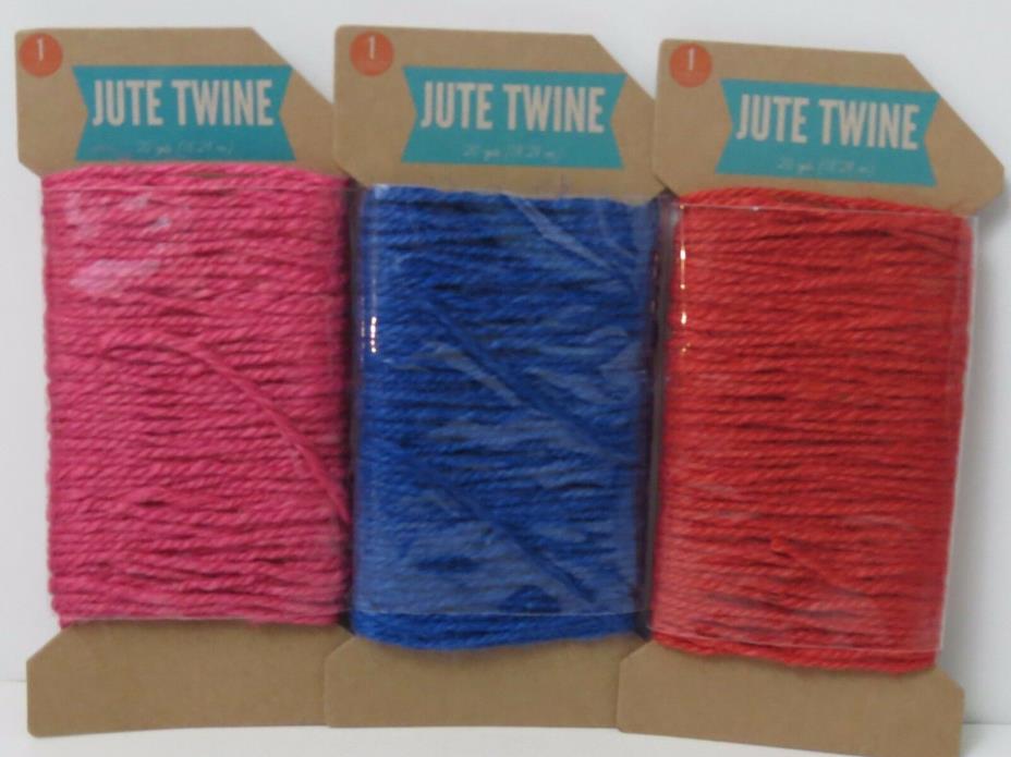 Jute Twine Lot Red Blue Pink 20 Yds (18.29m) Each