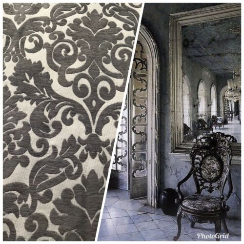 NEW Double Sided Burnout Chenille Velvet Fabric- Grey & Ivory Upholstery Damask