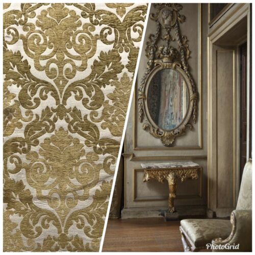 NEW Double Sided Burnout Chenille Velvet Fabric- Mustard Ivory Upholstery Damask