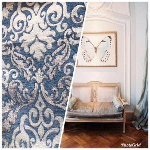 NEW Double Sided Burnout Chenille Velvet Fabric- Blue Ivory Upholstery Damask