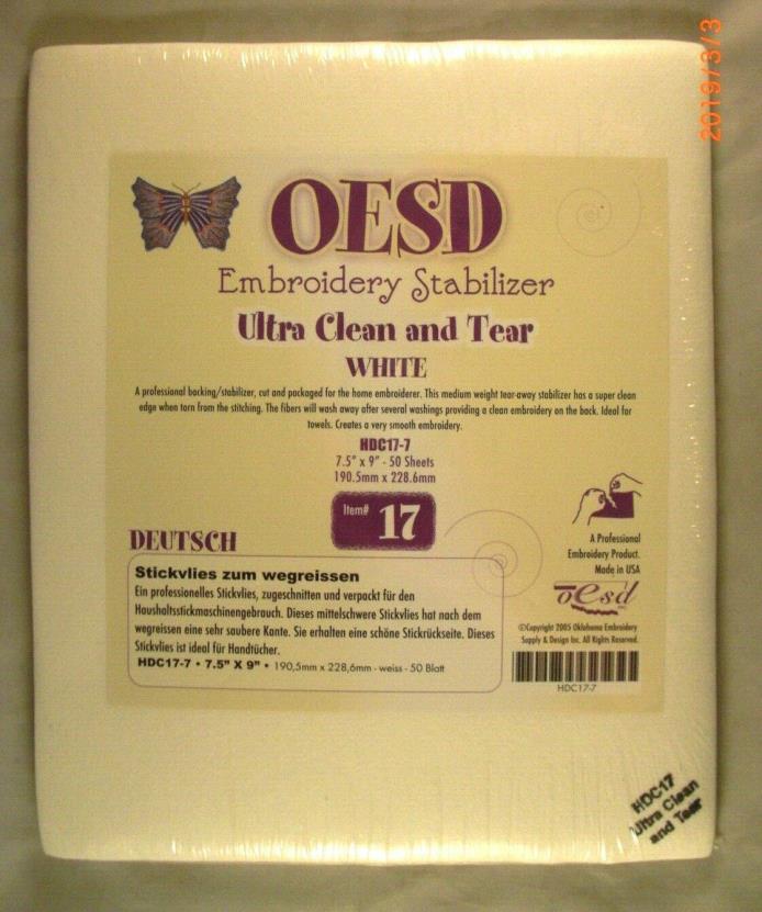 Embroidery Stabilizer - Ultra Clean and Tear White - OESD - 50 Sheets 7.5 x 9